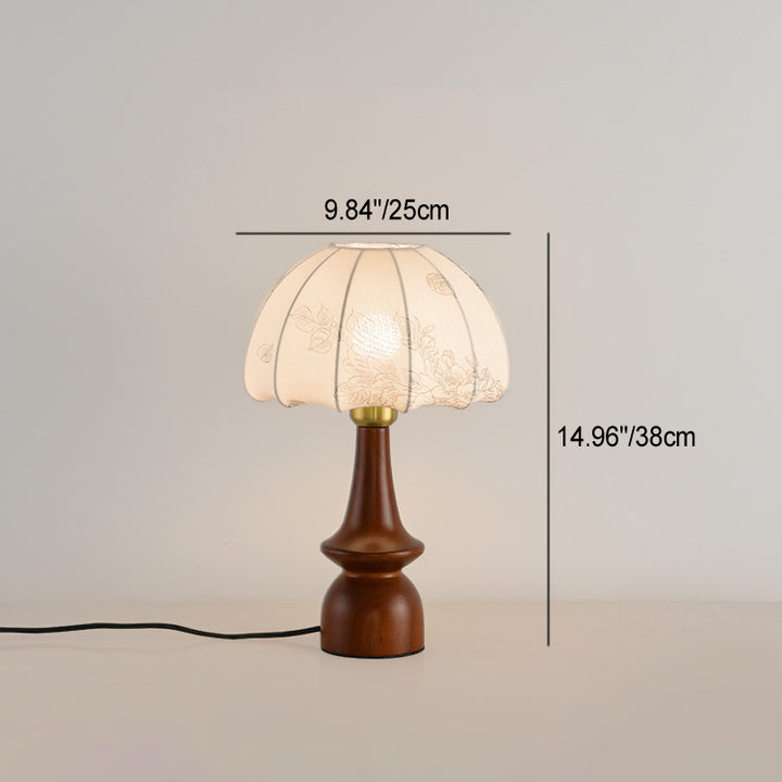 Lampe de table 1 lumière en bois avec abat-jour conique plissé rétro contemporain motif fleur en tissu pour chambre 