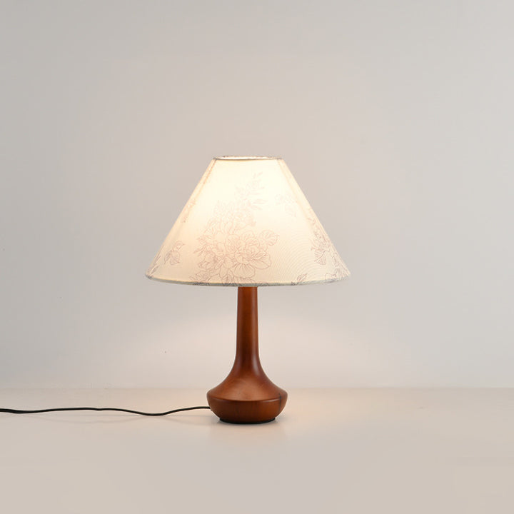 Lampe de table 1 lumière en bois avec abat-jour conique plissé rétro contemporain motif fleur en tissu pour chambre 