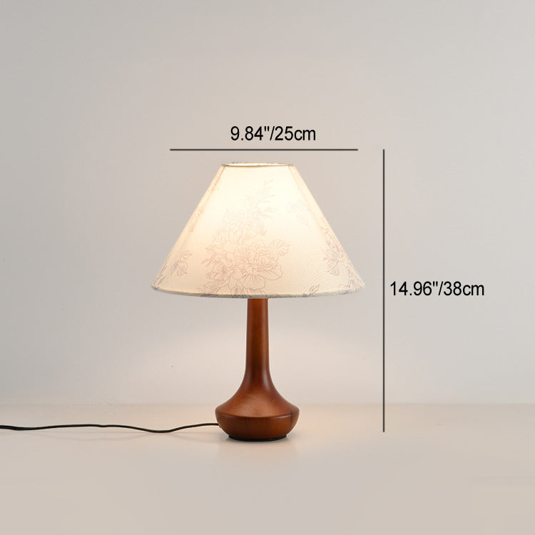 Lampe de table 1 lumière en bois avec abat-jour conique plissé rétro contemporain motif fleur en tissu pour chambre 
