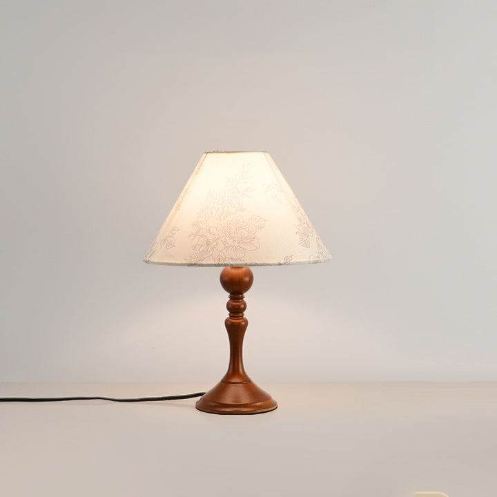 Lampe de table 1 lumière en bois avec abat-jour conique plissé rétro contemporain motif fleur en tissu pour chambre 