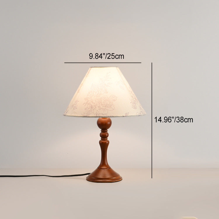 Lampe de table 1 lumière en bois avec abat-jour conique plissé rétro contemporain motif fleur en tissu pour chambre 