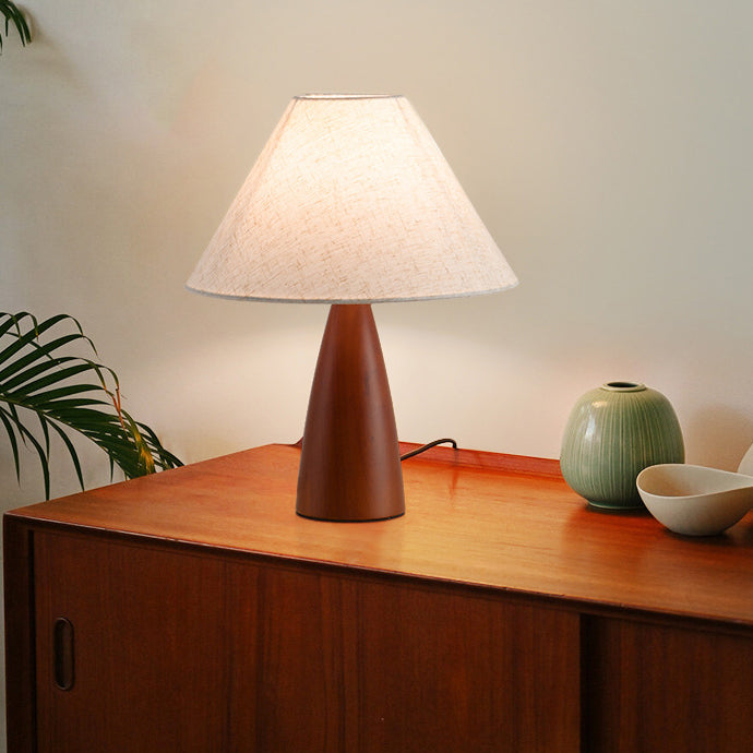 Lampe de table 1 lumière en bois avec abat-jour conique plissé rétro contemporain motif fleur en tissu pour chambre 