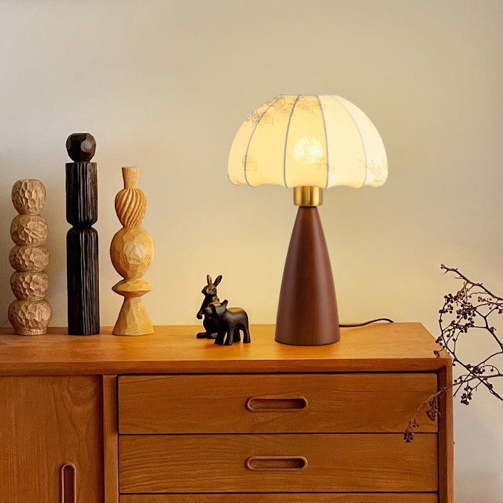 Lampe de table 1 lumière en bois avec abat-jour conique plissé rétro contemporain motif fleur en tissu pour chambre 