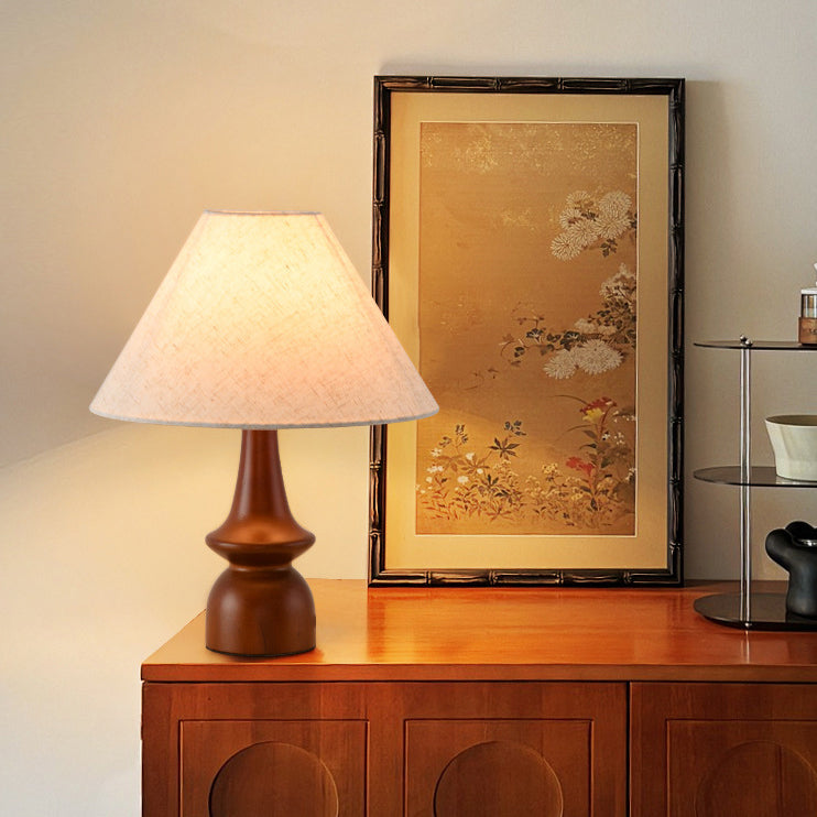 Lampe de table 1 lumière en bois avec abat-jour conique plissé rétro contemporain motif fleur en tissu pour chambre 