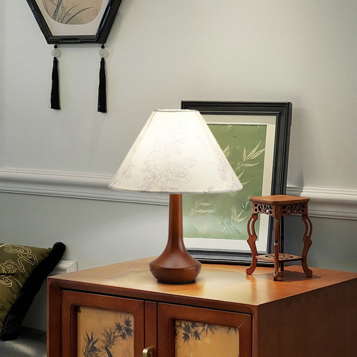 Lampe de table 1 lumière en bois avec abat-jour conique plissé rétro contemporain motif fleur en tissu pour chambre 