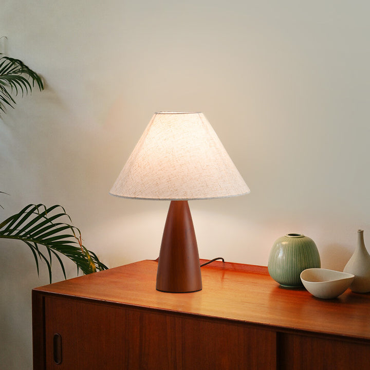 Lampe de table 1 lumière en bois avec abat-jour conique plissé rétro contemporain motif fleur en tissu pour chambre 