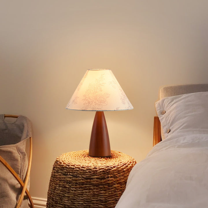 Lampe de table 1 lumière en bois avec abat-jour conique plissé rétro contemporain motif fleur en tissu pour chambre 