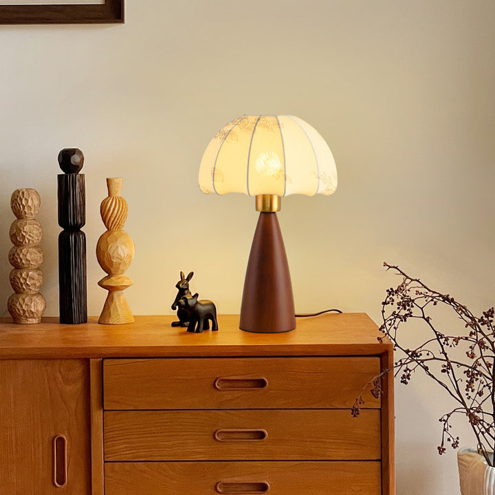 Lampe de table 1 lumière en bois avec abat-jour conique plissé rétro contemporain motif fleur en tissu pour chambre 