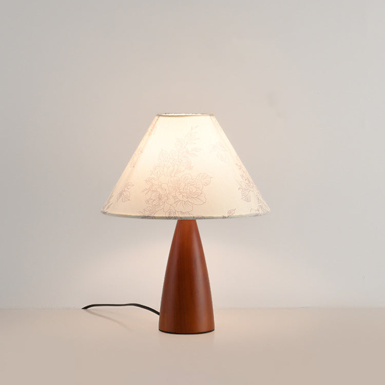 Lampe de table 1 lumière en bois avec abat-jour conique plissé rétro contemporain motif fleur en tissu pour chambre 
