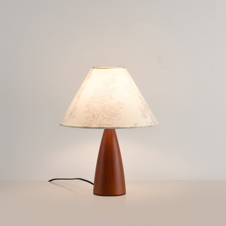 Lampe de table 1 lumière en bois avec abat-jour conique plissé rétro contemporain motif fleur en tissu pour chambre 