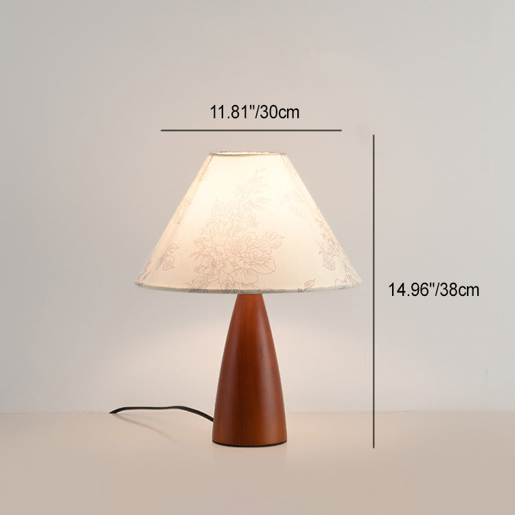 Lampe de table 1 lumière en bois avec abat-jour conique plissé rétro contemporain motif fleur en tissu pour chambre 
