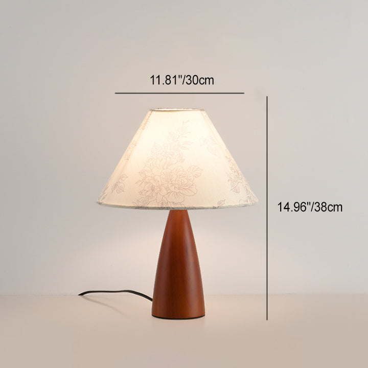 Lampe de table 1 lumière en bois avec abat-jour conique plissé rétro contemporain motif fleur en tissu pour chambre 