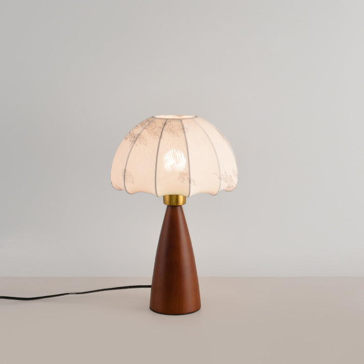Lampe de table 1 lumière en bois avec abat-jour conique plissé rétro contemporain motif fleur en tissu pour chambre 