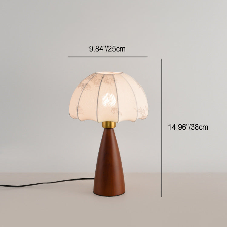 Lampe de table 1 lumière en bois avec abat-jour conique plissé rétro contemporain motif fleur en tissu pour chambre 