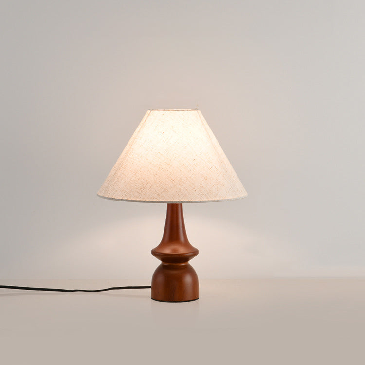 Lampe de table 1 lumière en bois avec abat-jour conique plissé rétro contemporain motif fleur en tissu pour chambre 
