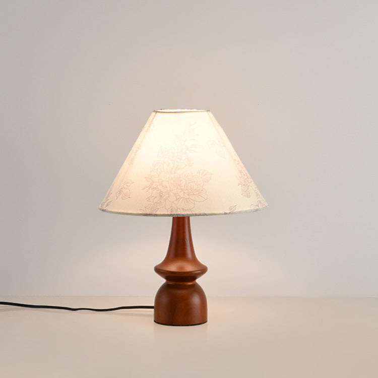 Lampe de table 1 lumière en bois avec abat-jour conique plissé rétro contemporain motif fleur en tissu pour chambre 