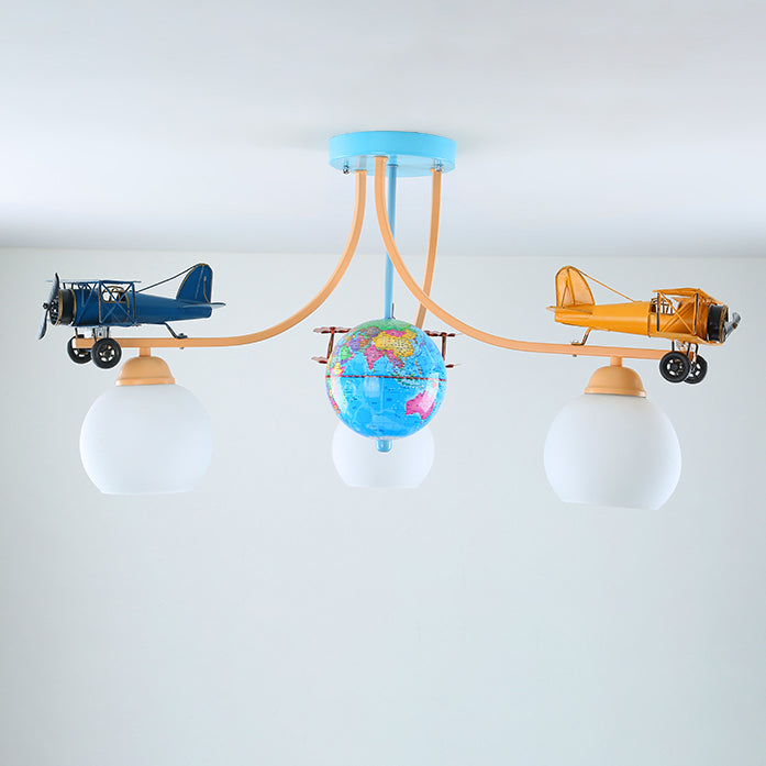 Chandelier à 3 lumières en verre pour avion global pour enfants créatifs contemporains pour chambre 