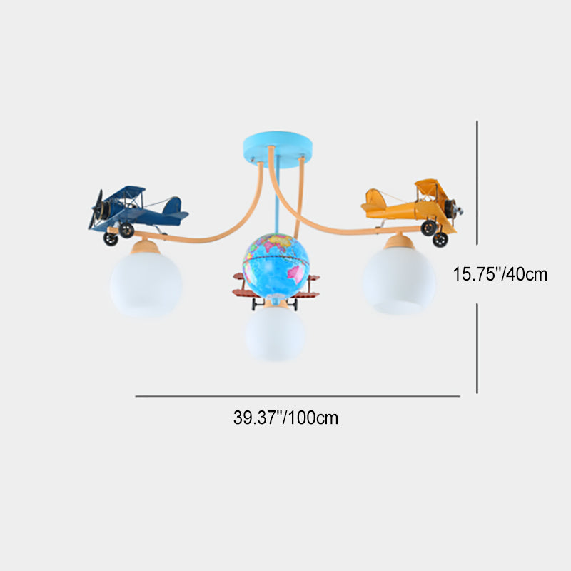 Chandelier à 3 lumières en verre pour avion global pour enfants créatifs contemporains pour chambre 