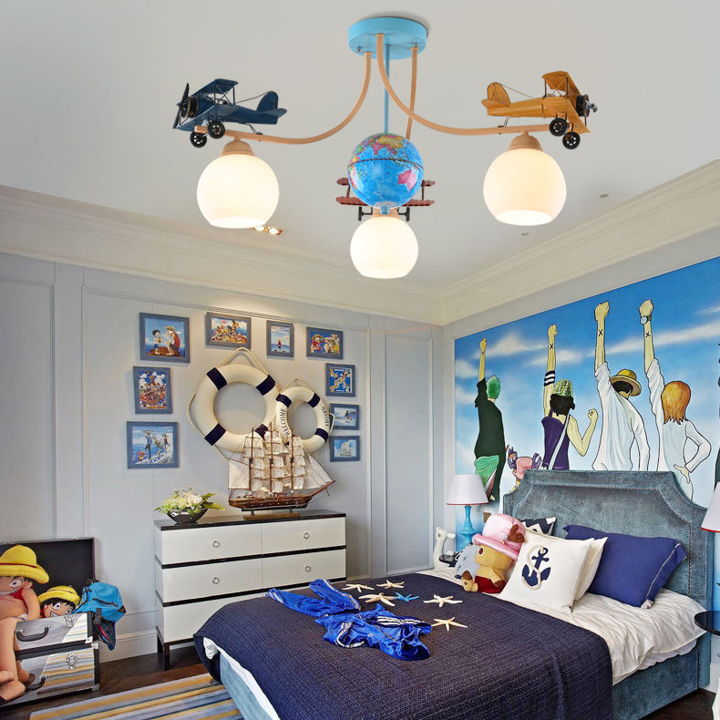 Chandelier à 3 lumières en verre pour avion global pour enfants créatifs contemporains pour chambre 