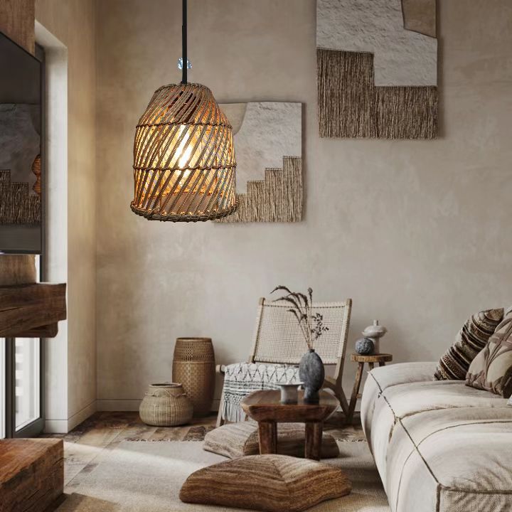 Suspension lumineuse contemporaine en rotin bohème tissé à 1 lumière pour salle à manger 