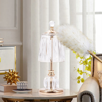 Lampe de table LED USB en verre et fer avec abat-jour tambour et base conique moderne pour chambre 