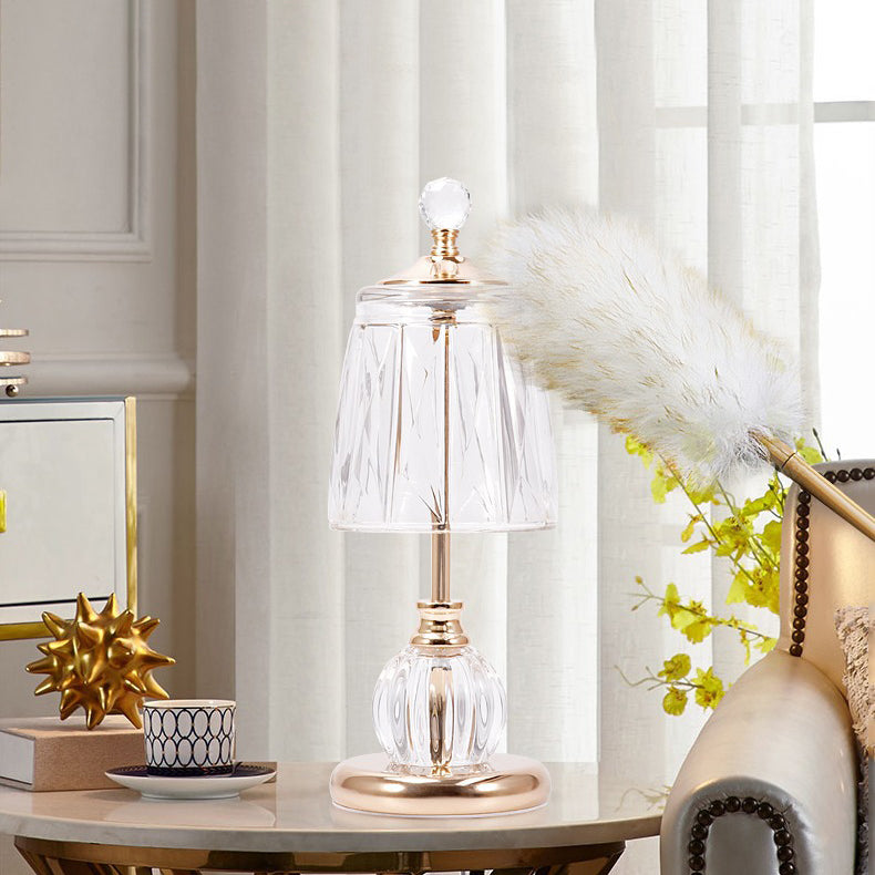 Lampe de table LED USB en verre et fer avec abat-jour tambour et base conique moderne pour chambre 