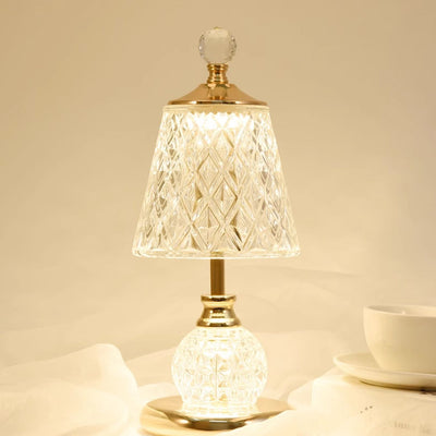 Lampe de table LED USB en verre et fer avec abat-jour tambour et base conique moderne pour chambre 