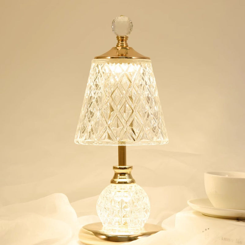 Lampe de table LED USB en verre et fer avec abat-jour tambour et base conique moderne pour chambre 