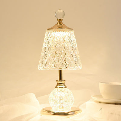 Lampe de table LED USB en verre et fer avec abat-jour tambour et base conique moderne pour chambre 