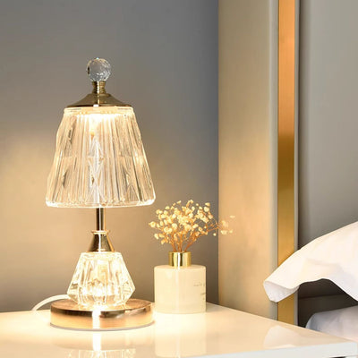 Lampe de table LED USB en verre et fer avec abat-jour tambour et base conique moderne pour chambre 