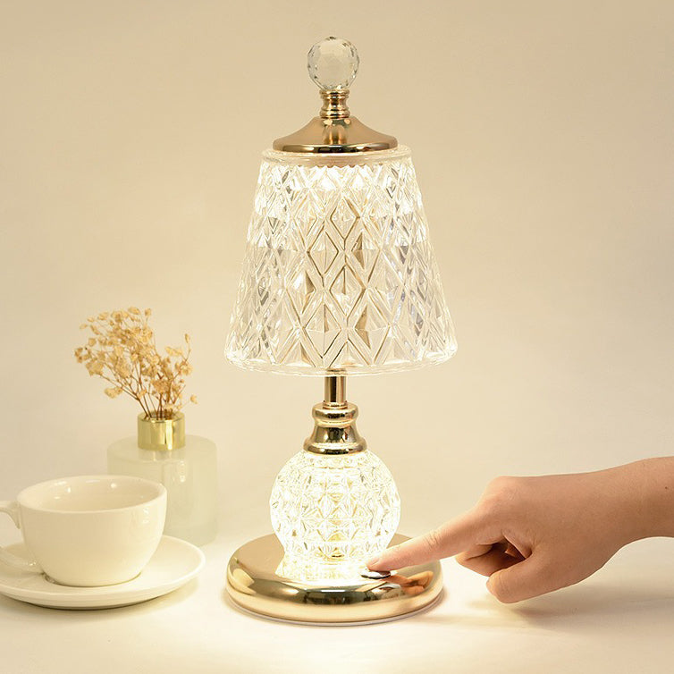 Lampe de table LED USB en verre et fer avec abat-jour tambour et base conique moderne pour chambre 