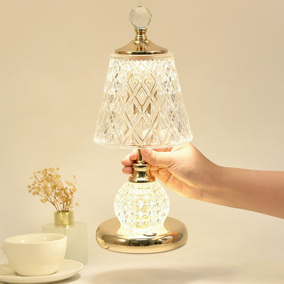 Lampe de table LED USB en verre et fer avec abat-jour tambour et base conique moderne pour chambre 