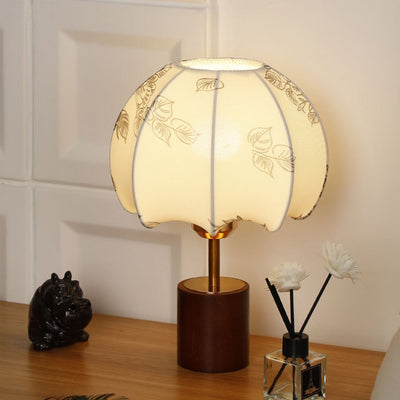 Traditionelle chinesische Kuppelblätter Muster Stoff Holz Eisen 1-Licht Tischlampe für Schlafzimmer 