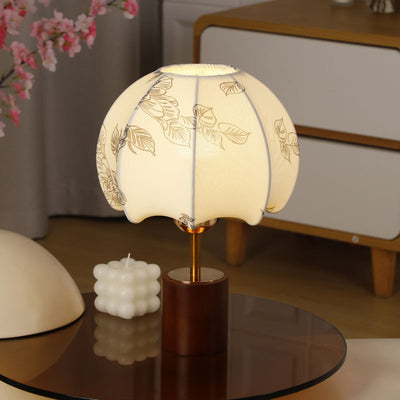 Traditionelle chinesische Kuppelblätter Muster Stoff Holz Eisen 1-Licht Tischlampe für Schlafzimmer 