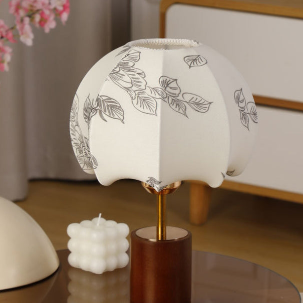 Traditionelle chinesische Kuppelblätter Muster Stoff Holz Eisen 1-Licht Tischlampe für Schlafzimmer 