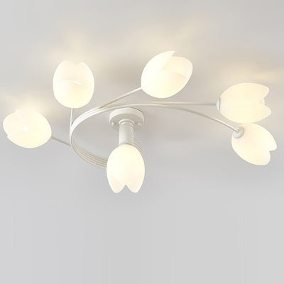 Contemporary Creative Branch Magnolia Flower Iron Plastic 4/6 Light Semi-Flush Mount Ceiling Light For Living Room