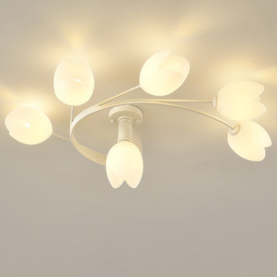 Contemporary Creative Branch Magnolia Flower Iron Plastic 4/6 Light Semi-Flush Mount Ceiling Light For Living Room