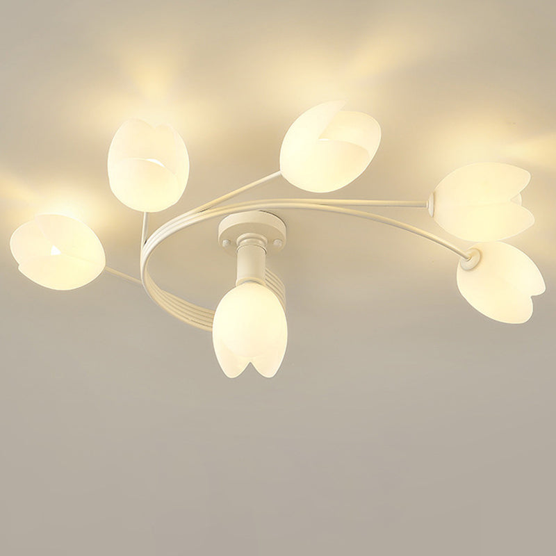 Contemporary Creative Branch Magnolia Flower Iron Plastic 4/6 Light Semi-Flush Mount Ceiling Light For Living Room