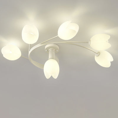 Contemporary Creative Branch Magnolia Flower Iron Plastic 4/6 Light Semi-Flush Mount Ceiling Light For Living Room