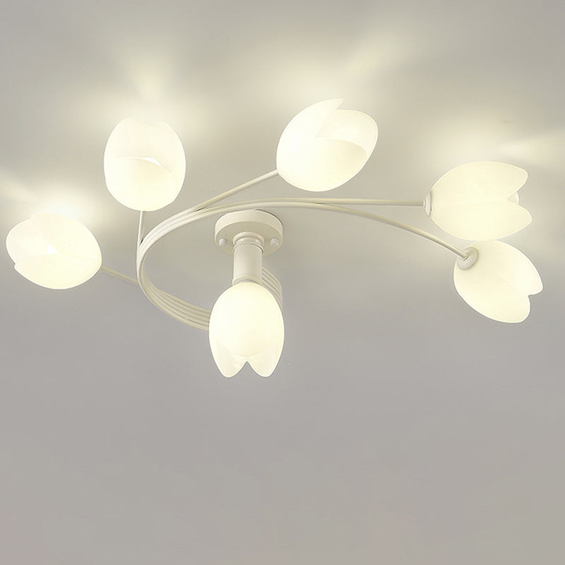 Contemporary Creative Branch Magnolia Flower Iron Plastic 4/6 Light Semi-Flush Mount Ceiling Light For Living Room