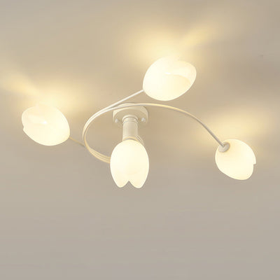 Contemporary Creative Branch Magnolia Flower Iron Plastic 4/6 Light Semi-Flush Mount Ceiling Light For Living Room