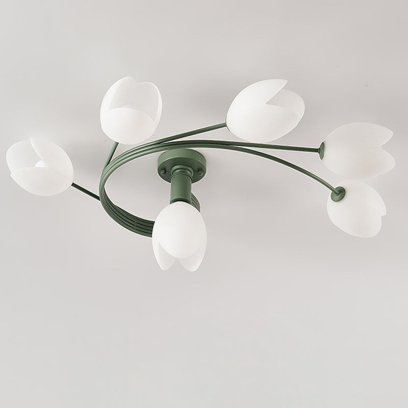 Contemporary Creative Branch Magnolia Flower Iron Plastic 4/6 Light Semi-Flush Mount Ceiling Light For Living Room