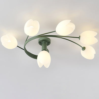 Contemporary Creative Branch Magnolia Flower Iron Plastic 4/6 Light Semi-Flush Mount Ceiling Light For Living Room