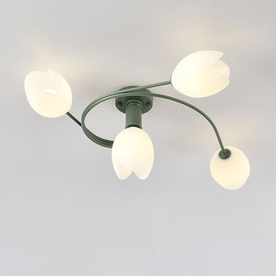 Contemporary Creative Branch Magnolia Flower Iron Plastic 4/6 Light Semi-Flush Mount Ceiling Light For Living Room