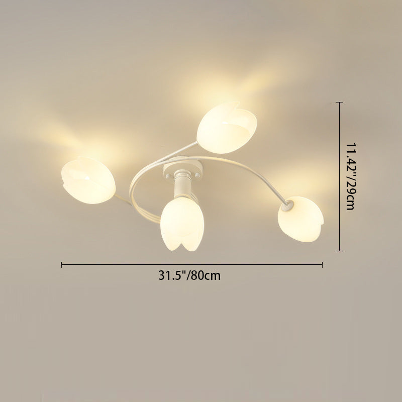 Contemporary Creative Branch Magnolia Flower Iron Plastic 4/6 Light Semi-Flush Mount Ceiling Light For Living Room