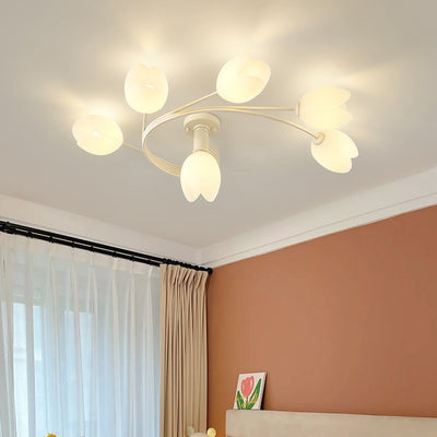 Contemporary Creative Branch Magnolia Flower Iron Plastic 4/6 Light Semi-Flush Mount Ceiling Light For Living Room