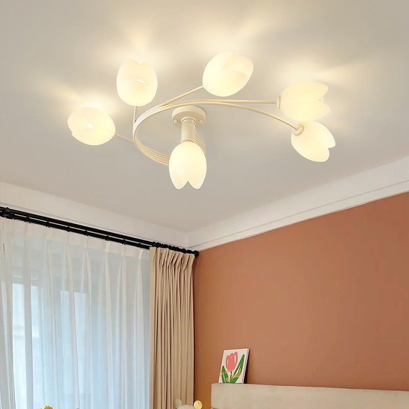Contemporary Creative Branch Magnolia Flower Iron Plastic 4/6 Light Semi-Flush Mount Ceiling Light For Living Room
