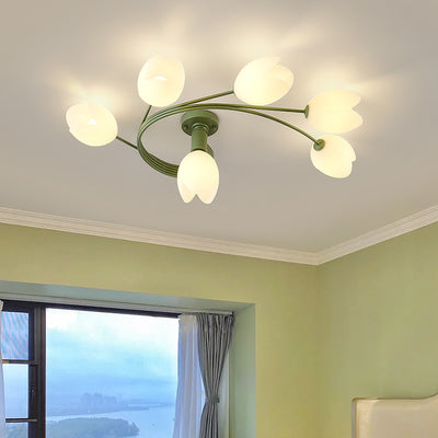 Contemporary Creative Branch Magnolia Flower Iron Plastic 4/6 Light Semi-Flush Mount Ceiling Light For Living Room
