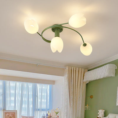 Contemporary Creative Branch Magnolia Flower Iron Plastic 4/6 Light Semi-Flush Mount Ceiling Light For Living Room