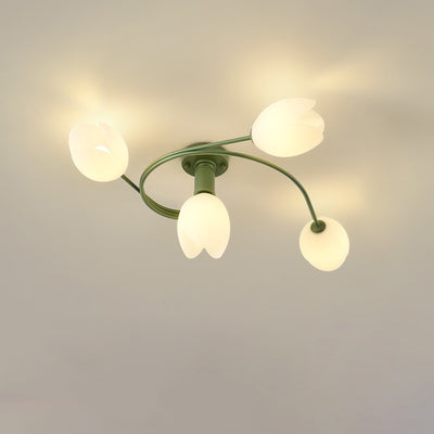 Contemporary Creative Branch Magnolia Flower Iron Plastic 4/6 Light Semi-Flush Mount Ceiling Light For Living Room